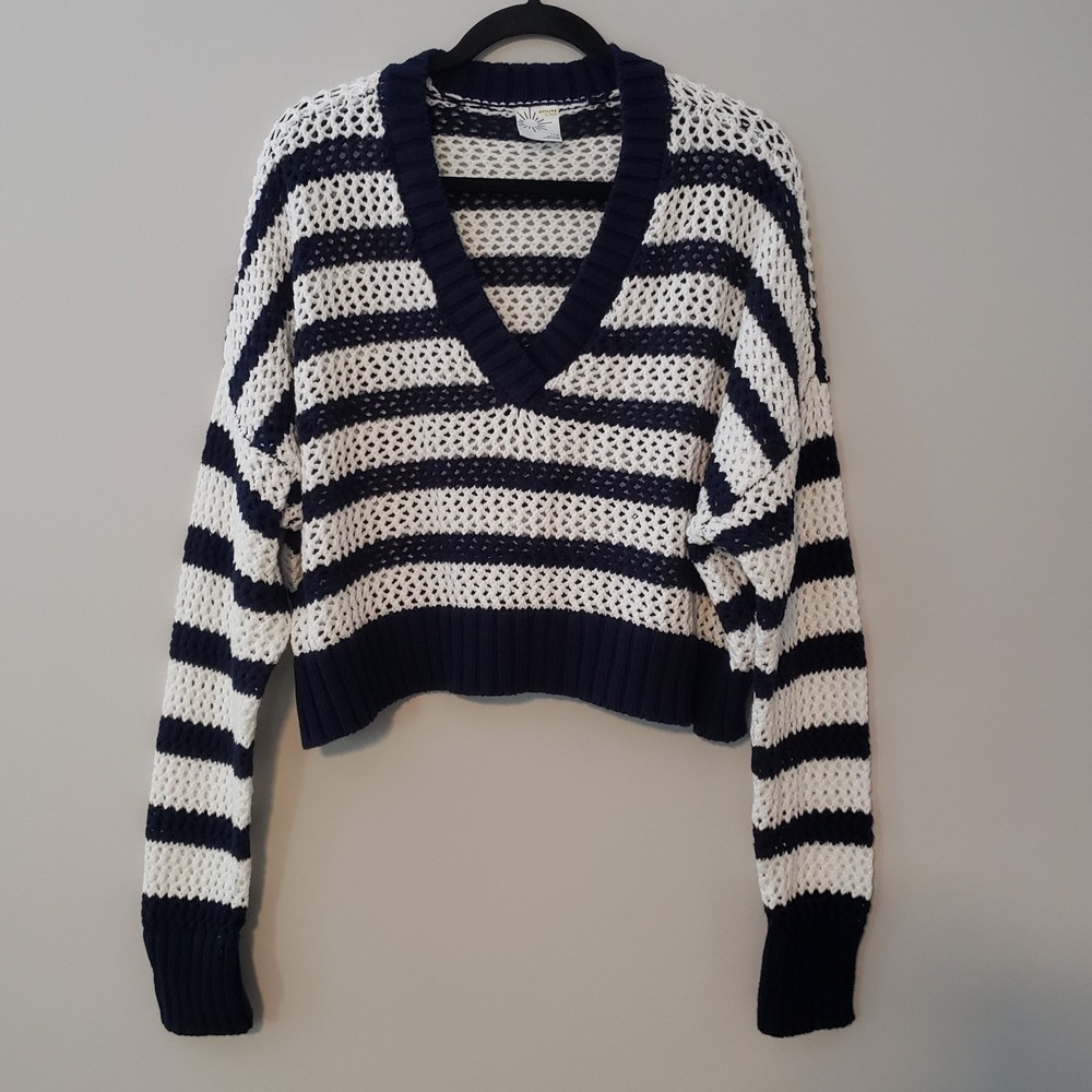 Aerie Offline Open Knit Nautical Preppy Cropped Sweater LARGE Coastal Striped